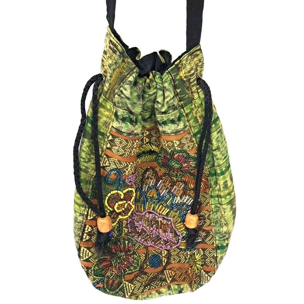 Drawstring Beaded Purse Bag Boho 10x7x6" Green Cinch Closure